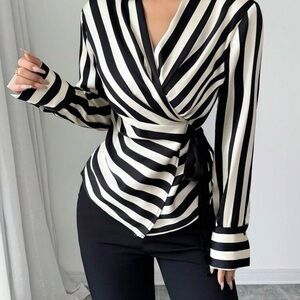 Black & White Striped Wrap Blouse Long Sleeve V-Neck